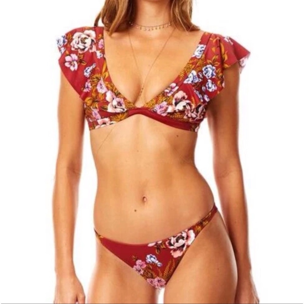 Tori Praver Red Ruffled Bikini Set